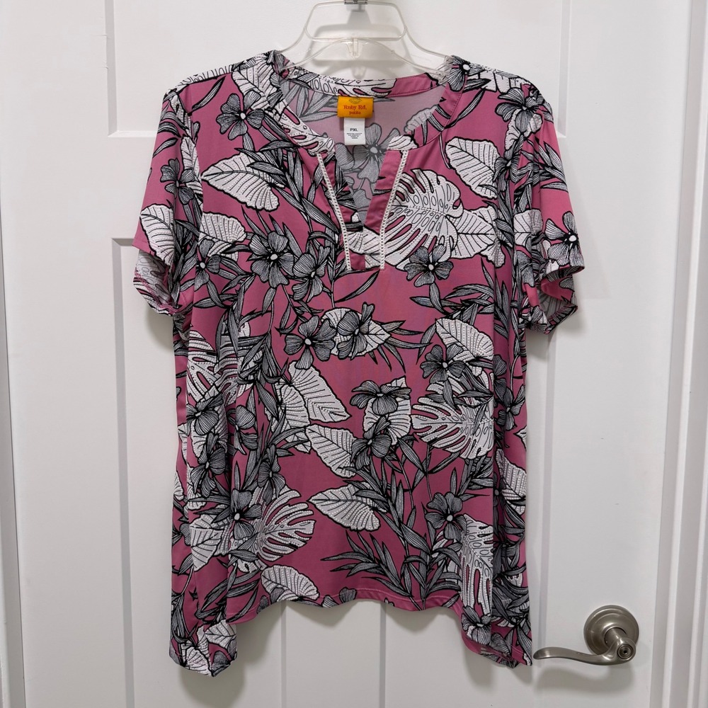 Ruby Rd Petite XL Pink Tropical Floral Split Neck Sharkbite Hem Top Blouse